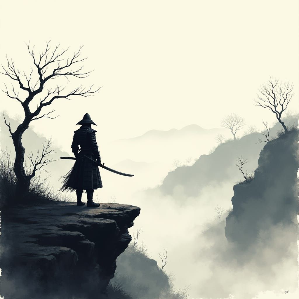 Lone Samurai Overlooking Misty Valley in Ink Wash Style