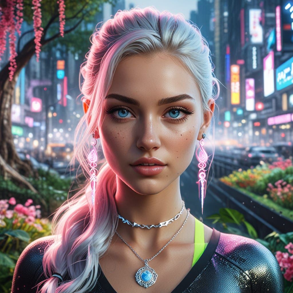 Futuristic Valkyrie in Neon City, Hyperrealistic Art