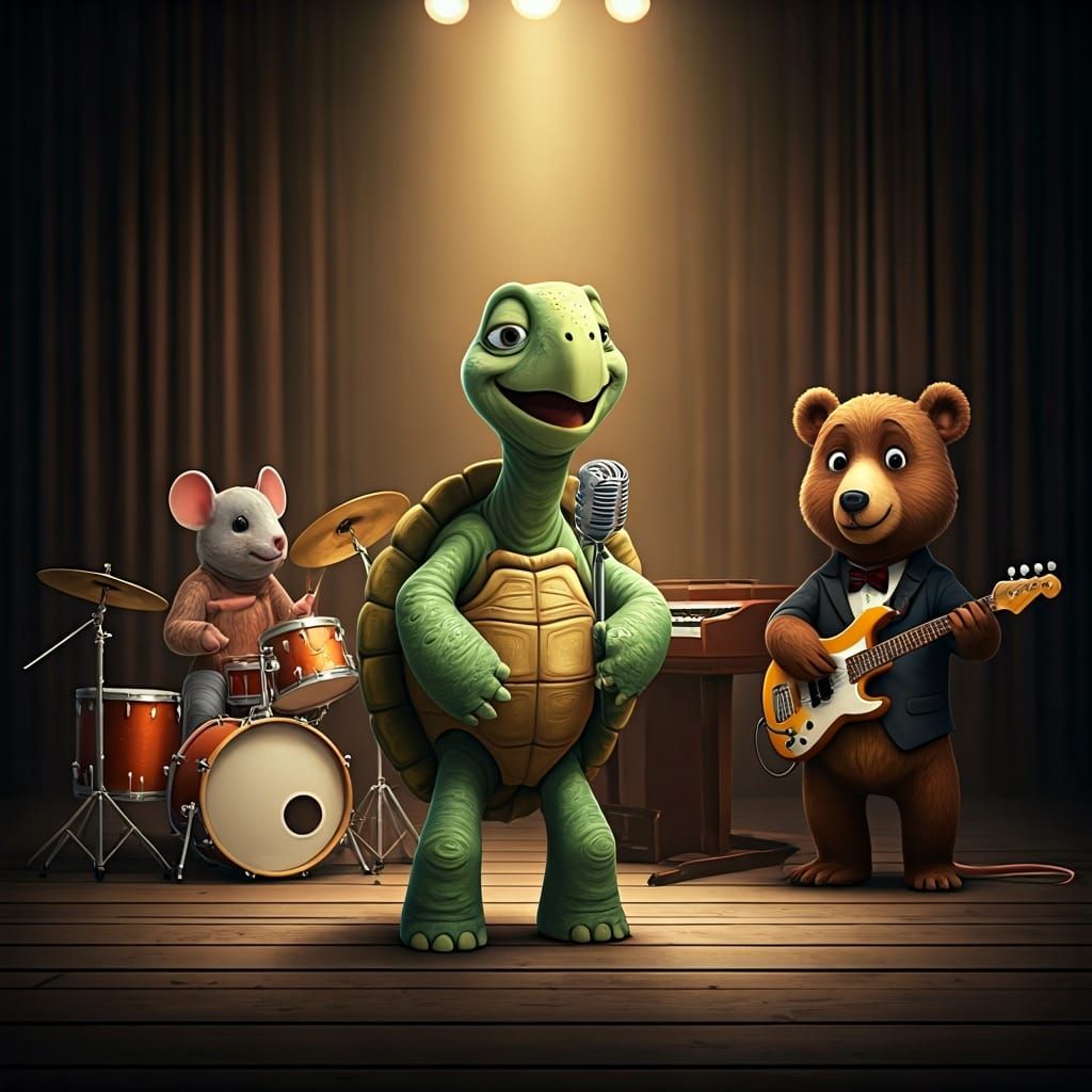Cartoon Turtle Jazz Band in Hyperrealistic Style