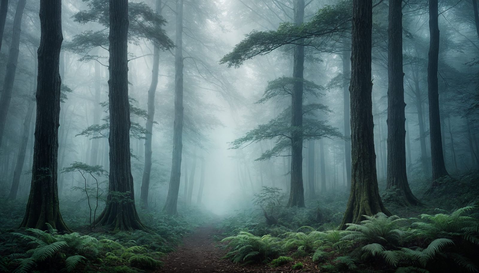 Misty Forest with Light Beams