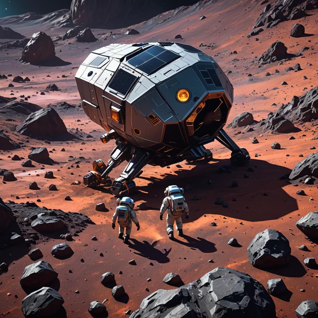 Asteroid Exploration Spacecraft with Neon Lights in 3D