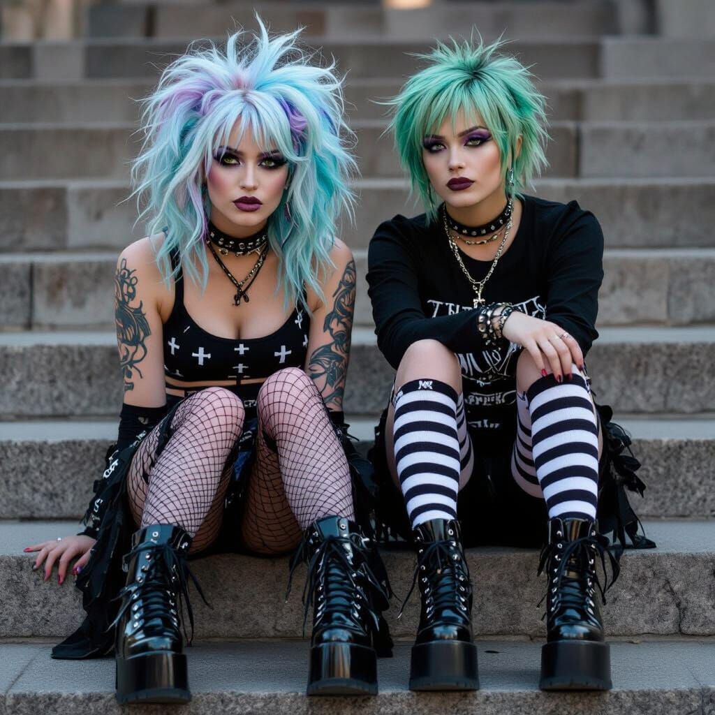 Goth and Scene Couple on Urban Steps