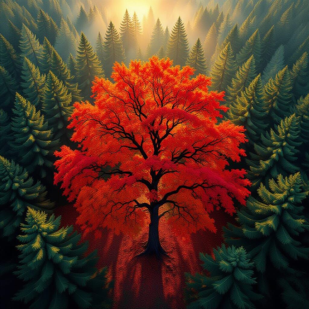 Autumn Maple Tree Over Pine Forest Bird's Eye View