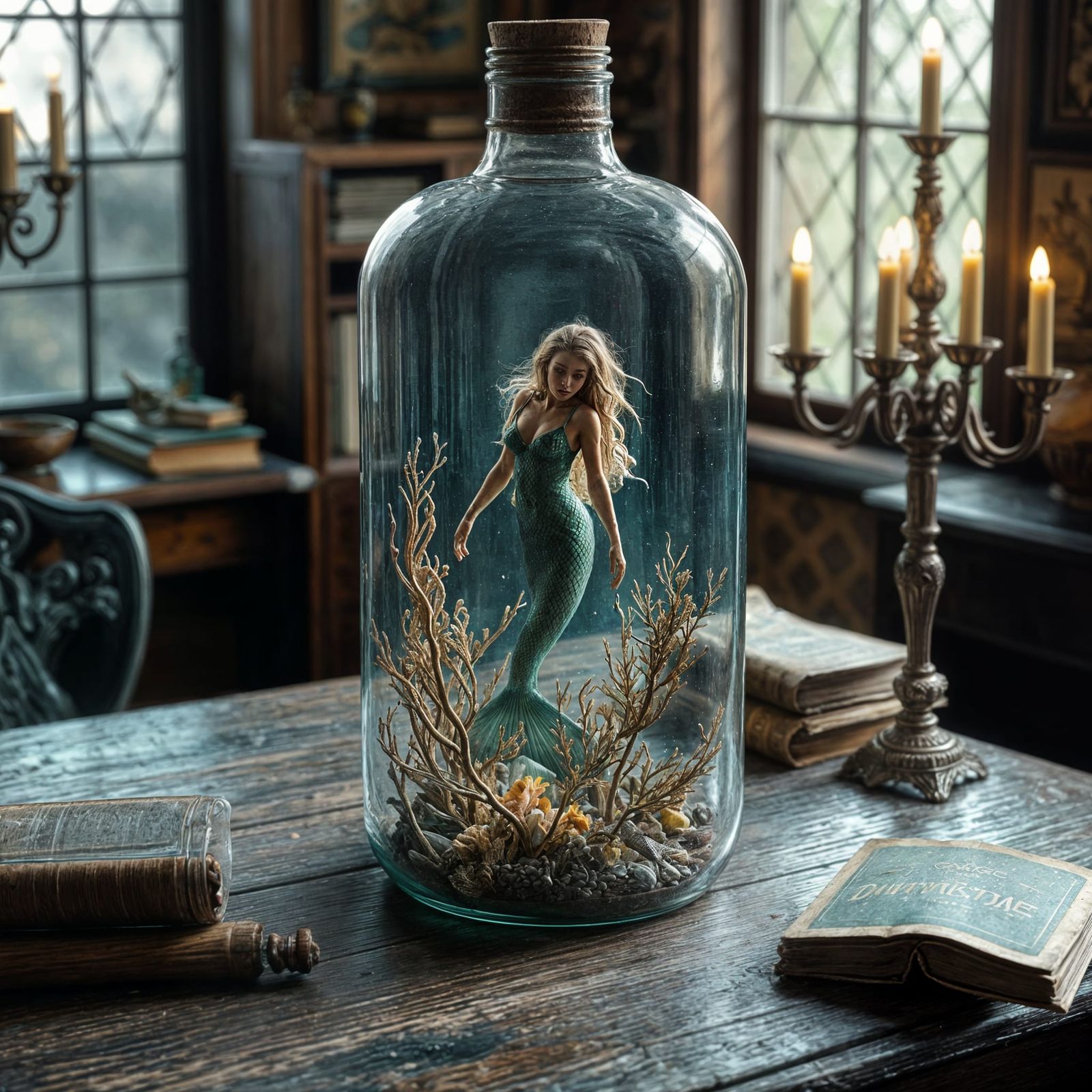 Hyperrealistic Mermaid Swimming in Antique Bottle