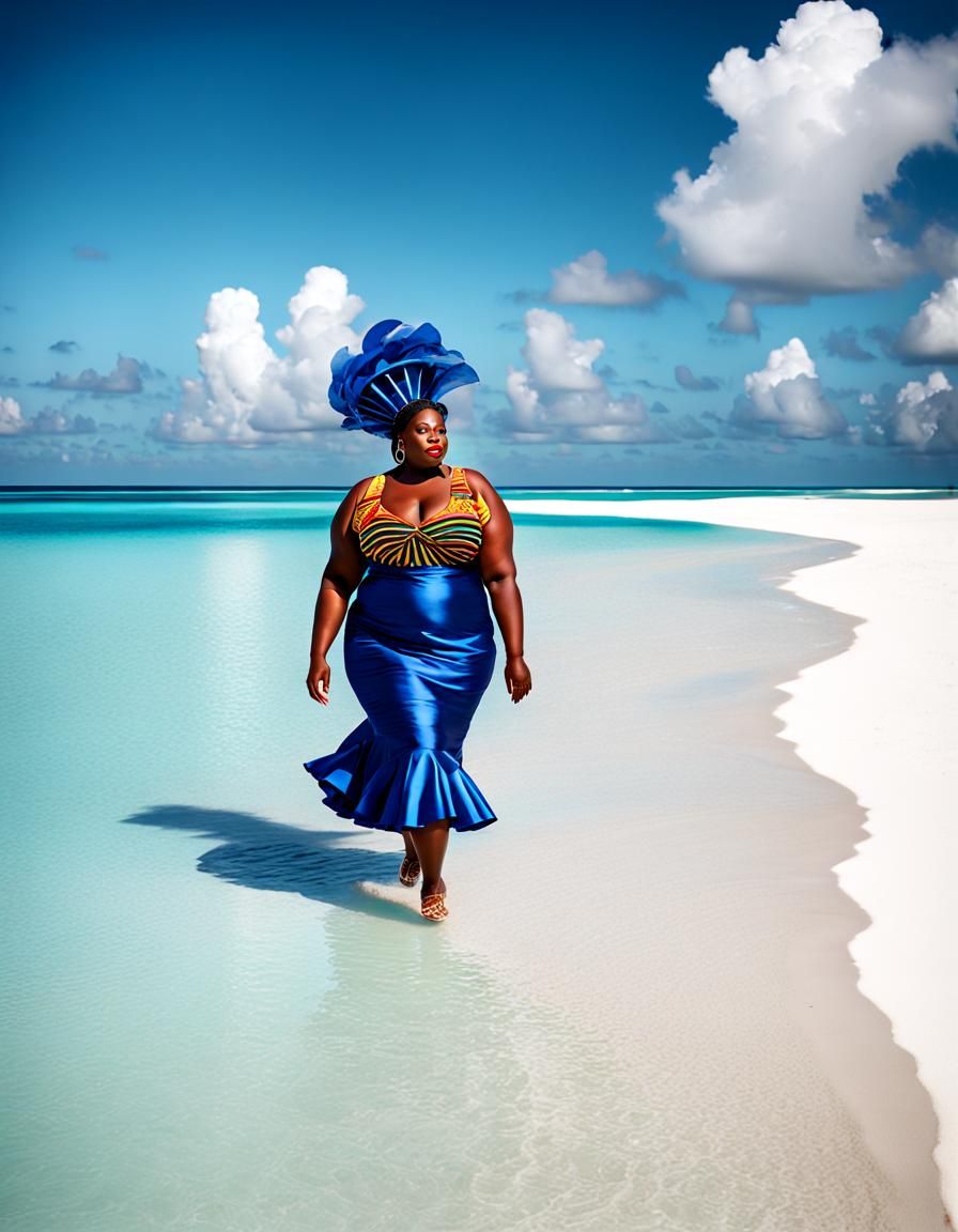 Art Deco Woman in Carnival Costume on Sandbar