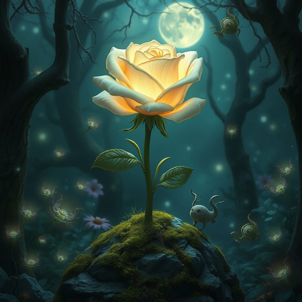 Enchanted Glowing Rose in Mystical Forest, Fantasy Art