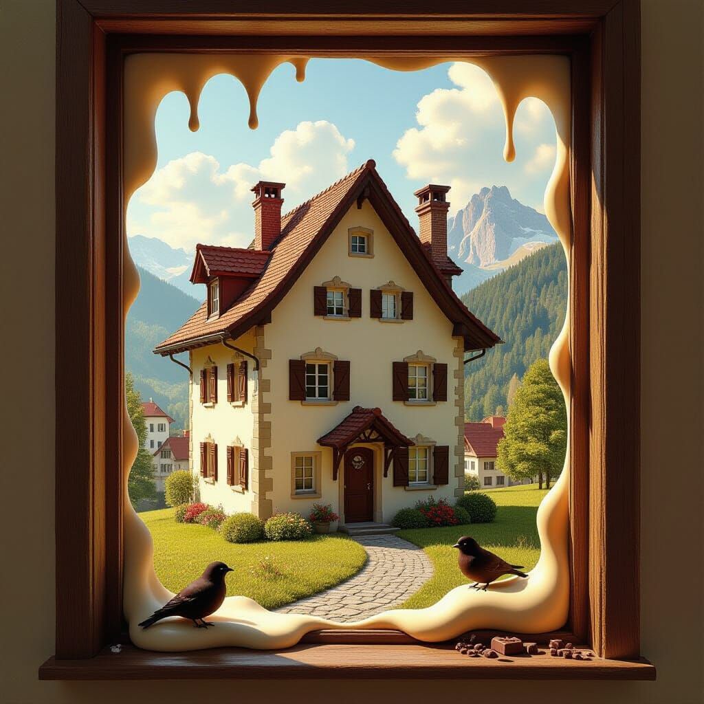Surreal Melting House with Chocolate Forest, in Dreamlike St...