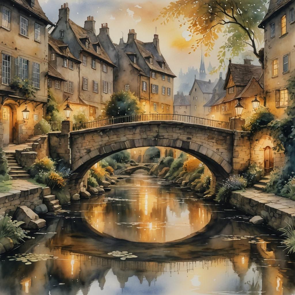 Picturesque Village with Bridge in Watercolor Style