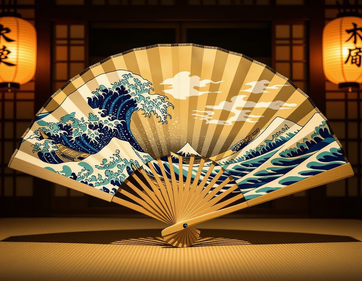 Vintage Kanagawa Wave Bamboo Fan: Japanese Woodblock Style