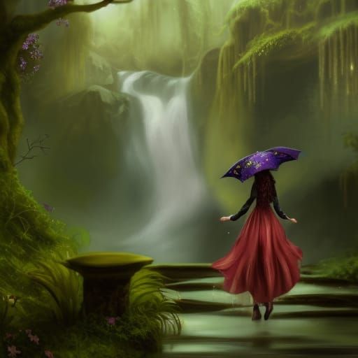 Happy Witch in Rainy Magical Garden: Detailed Matte Painting