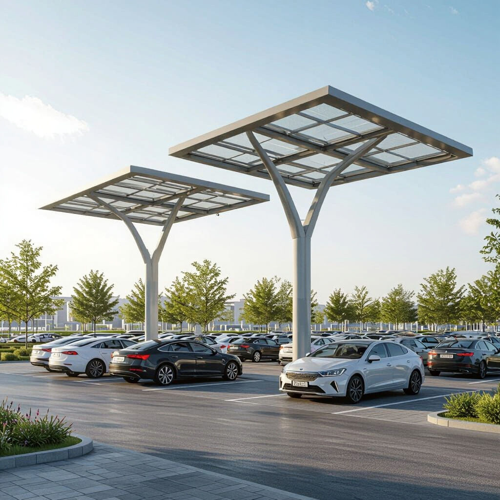Modern Shopping Center Parking Lot with Solar Panels