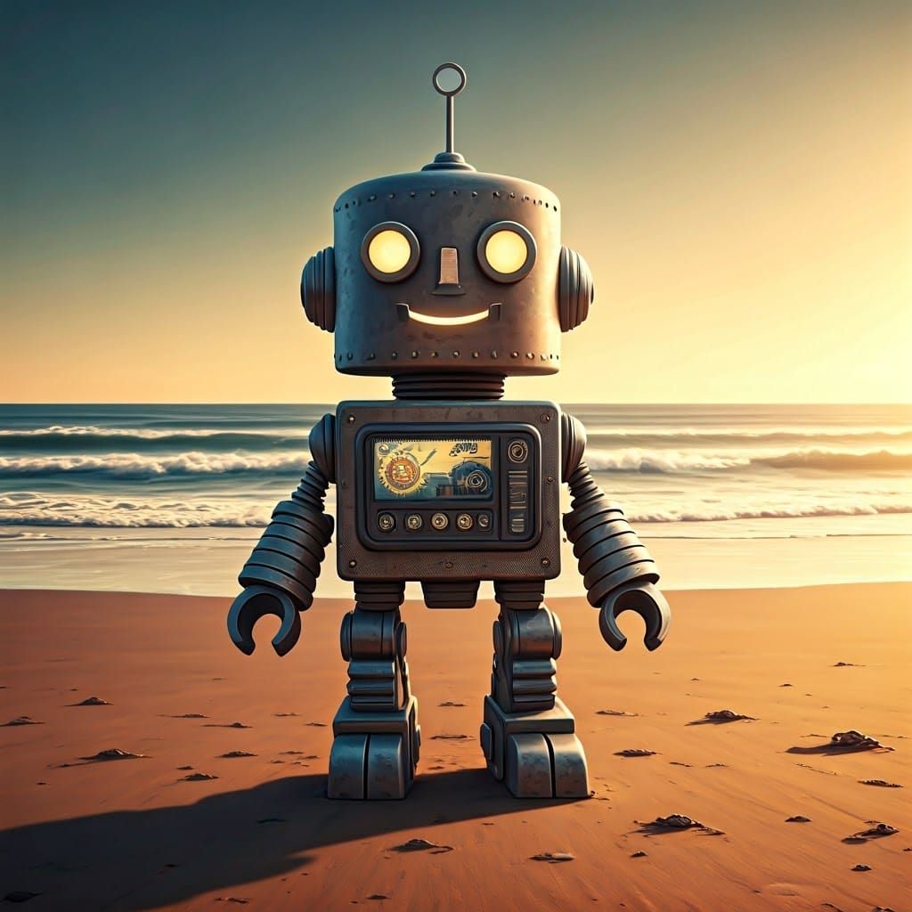 Delighted Robot on Beach: Ethereal Rustic Painting