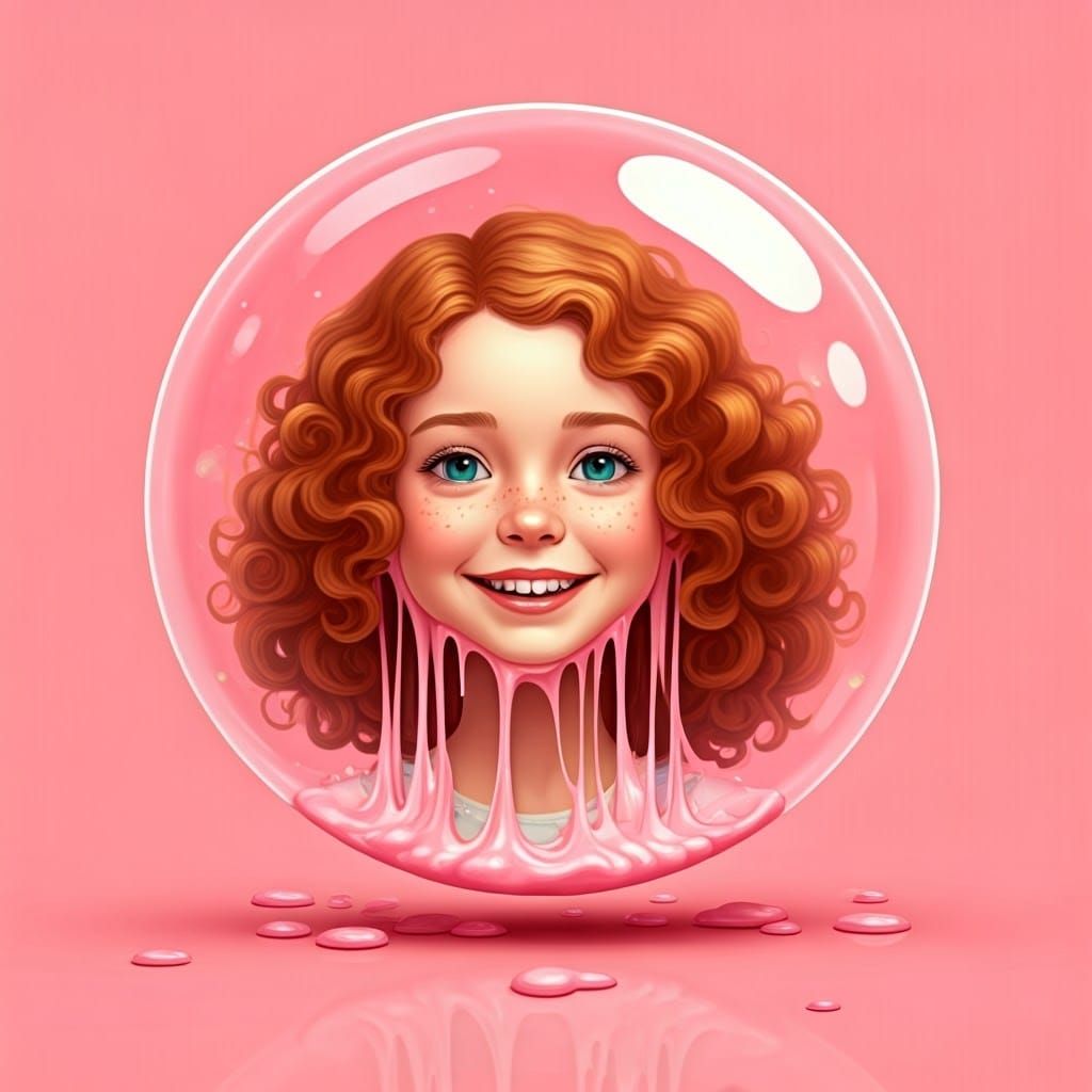A photo of a girl with her head in a pink bubble gum ball