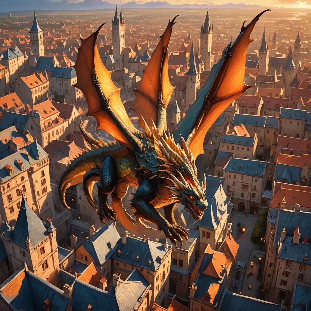 Dragon Soaring over Medieval City: Oil Painting
