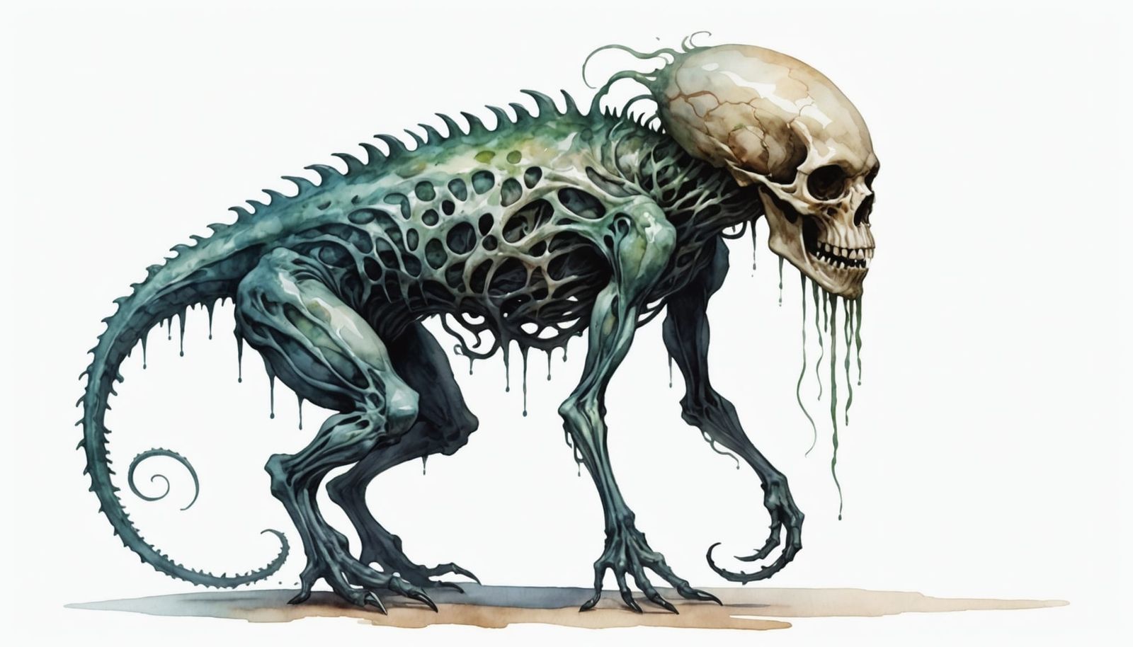 Ghostly Monster with Skull Head in Watercolor Style