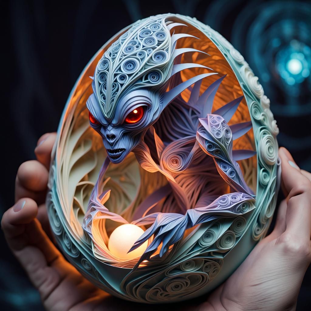 Alien monster carved in egg shape - Quilling and Origami.