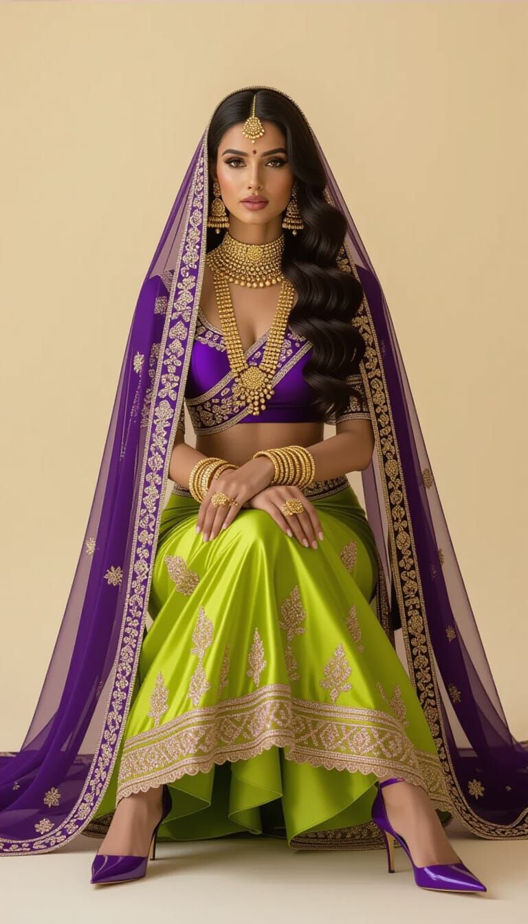 Woman with Purple Veil and Gold Jewelry in Hyperrealistic St...