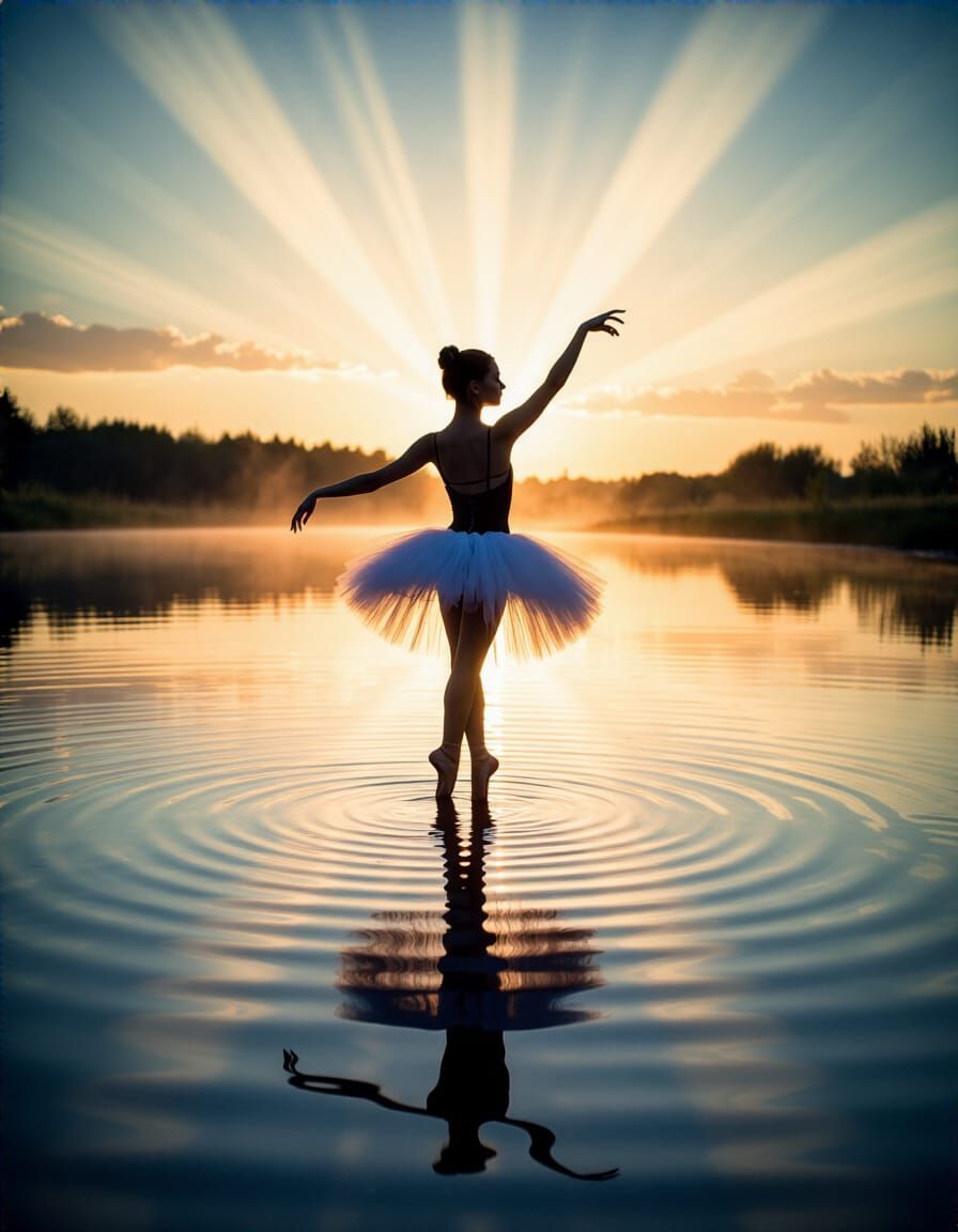 Ballerina Dancing on Water at Sunset