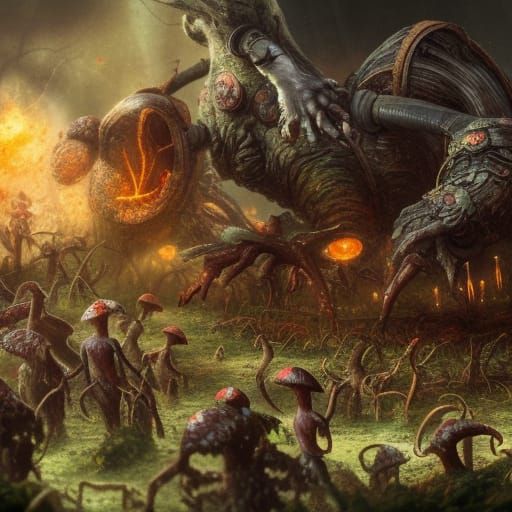 Mushroom Humanoids Battle Clearcutting Equipment in Detailed...