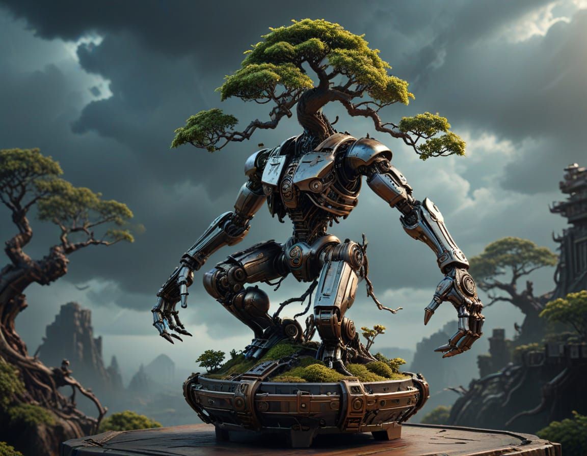 Steampunk Terminator Bonsai Sculpture in Digital Matte Paint...