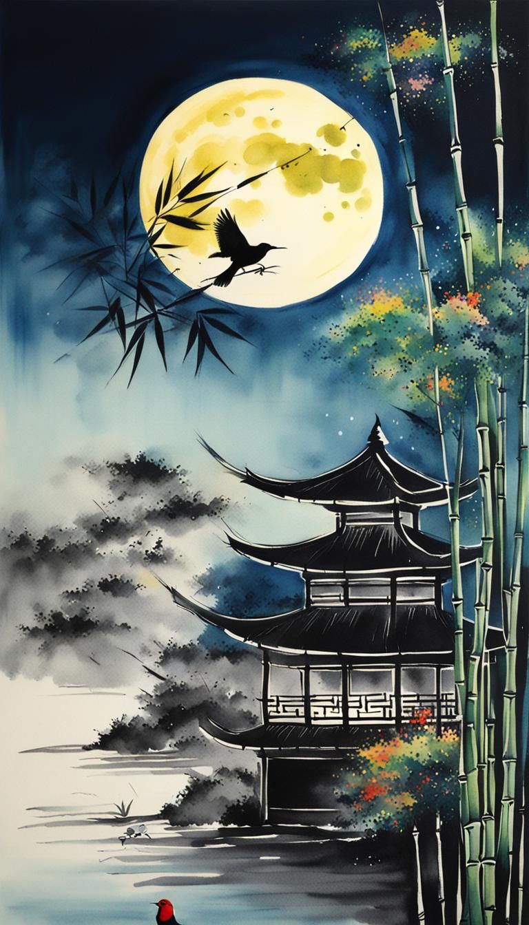 Chinese Ink Painting of Bamboo with Moon
