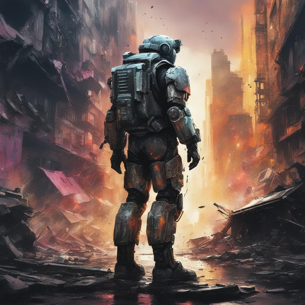 Robot Soldier in Ruined City, Noir Comic Style