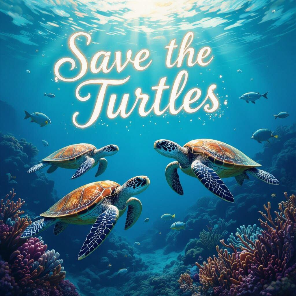 Sea Turtles Swim Amidst Coral Reefs with Glowing Script