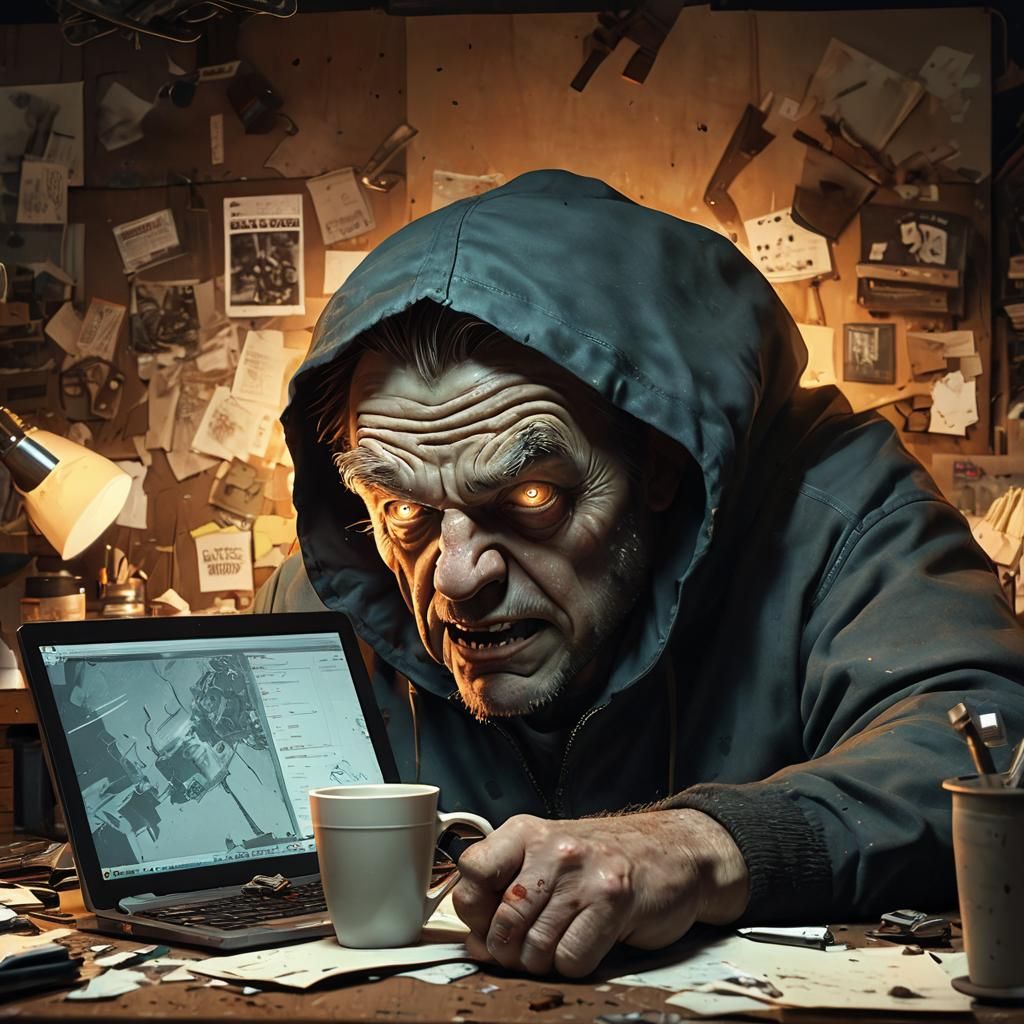 Furious Man Yelling at Laptop in Cluttered Office