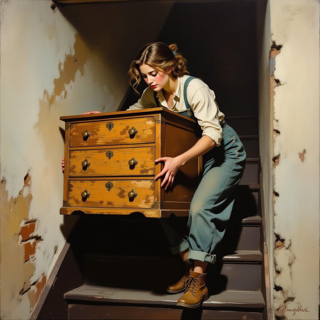Young Woman's Cellar Struggle: Rockwell Style