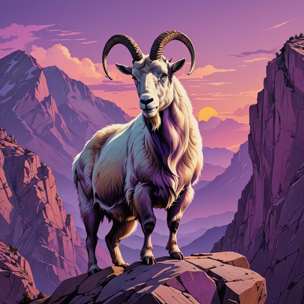 Majestic Mountain Goat at Sunset in Pop Art Style