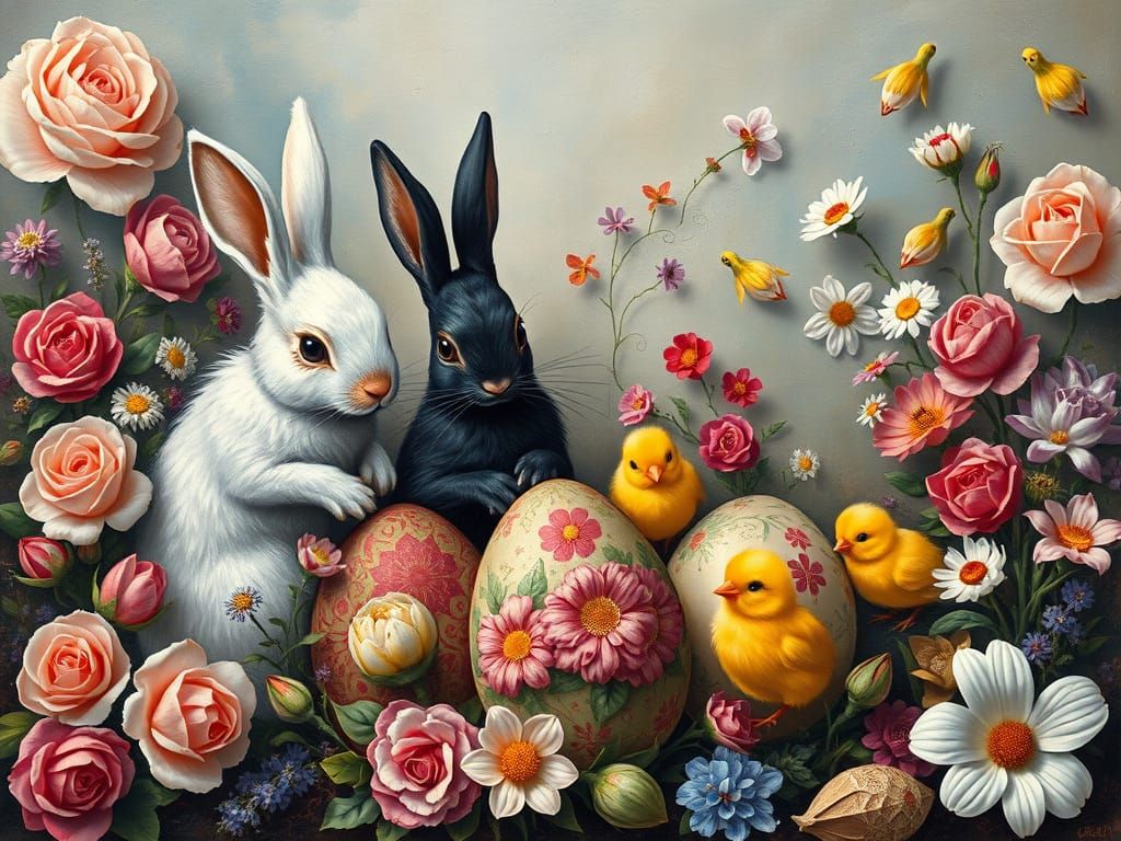 Whimsical Bunny Trio Painting Easter Eggs in Dreamlike Renai...