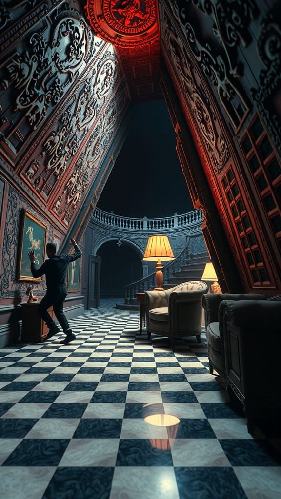 Surreal Tilted Room with Figure Holding Lamp