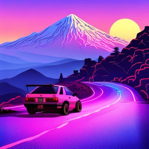 A toyota ae86 japanese mountain road  synthwave neon retro