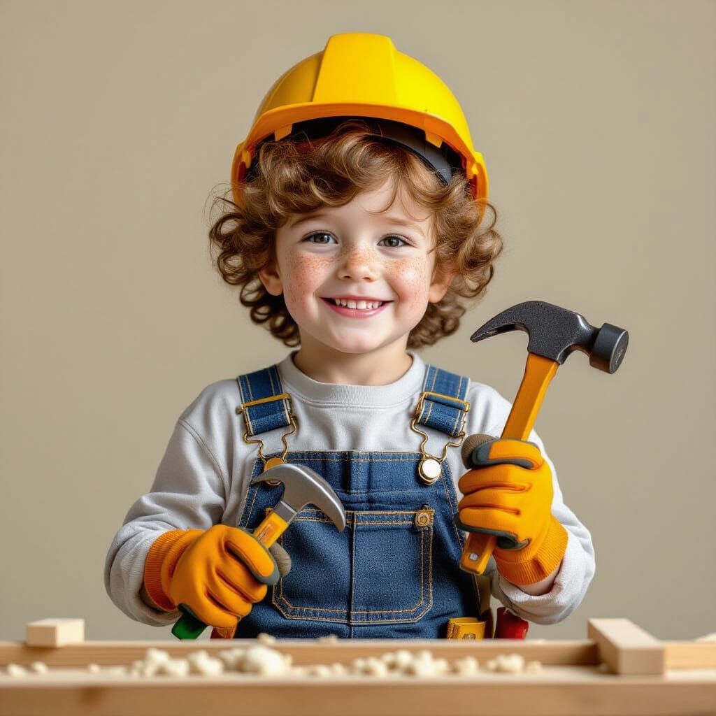 Child Construction Worker with Tools in Hyperrealistic Style