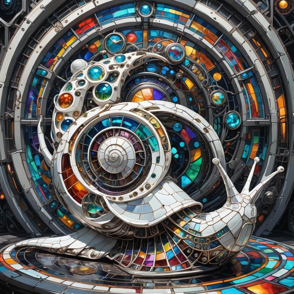 Cyberpunk Biomechanical Snail with Stained Glass Shell