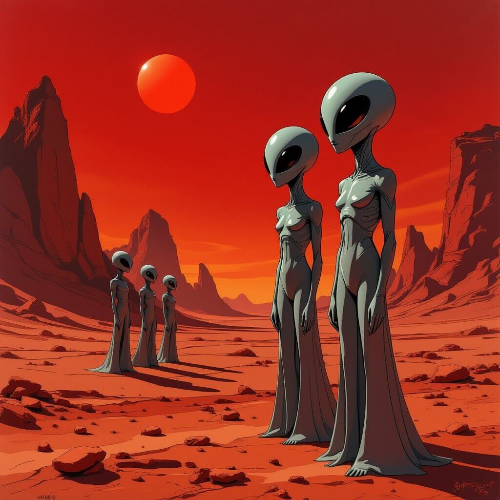 Grey Aliens on Mars in Sci-Fi Concept Art Style