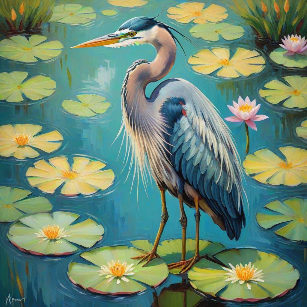 Impasto Oil Painting of Majestic Heron on Lily Pad