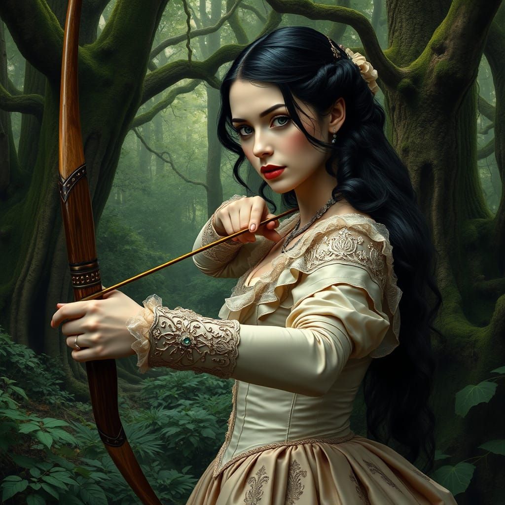 Ethereal Victorian Huntress in a Medieval Landscape