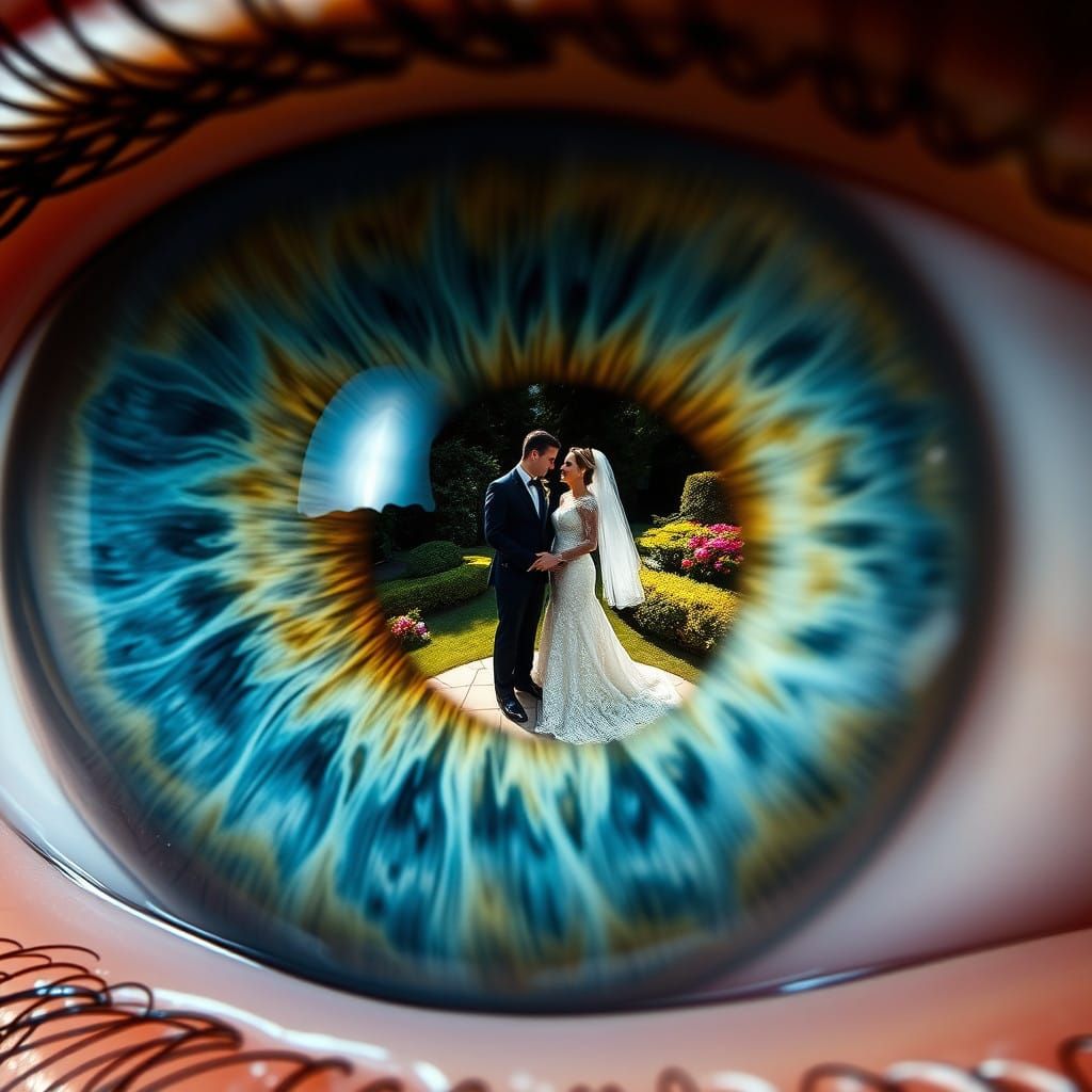 Detailed Human Eyeball with Upside-Down Wedding Reflection i...