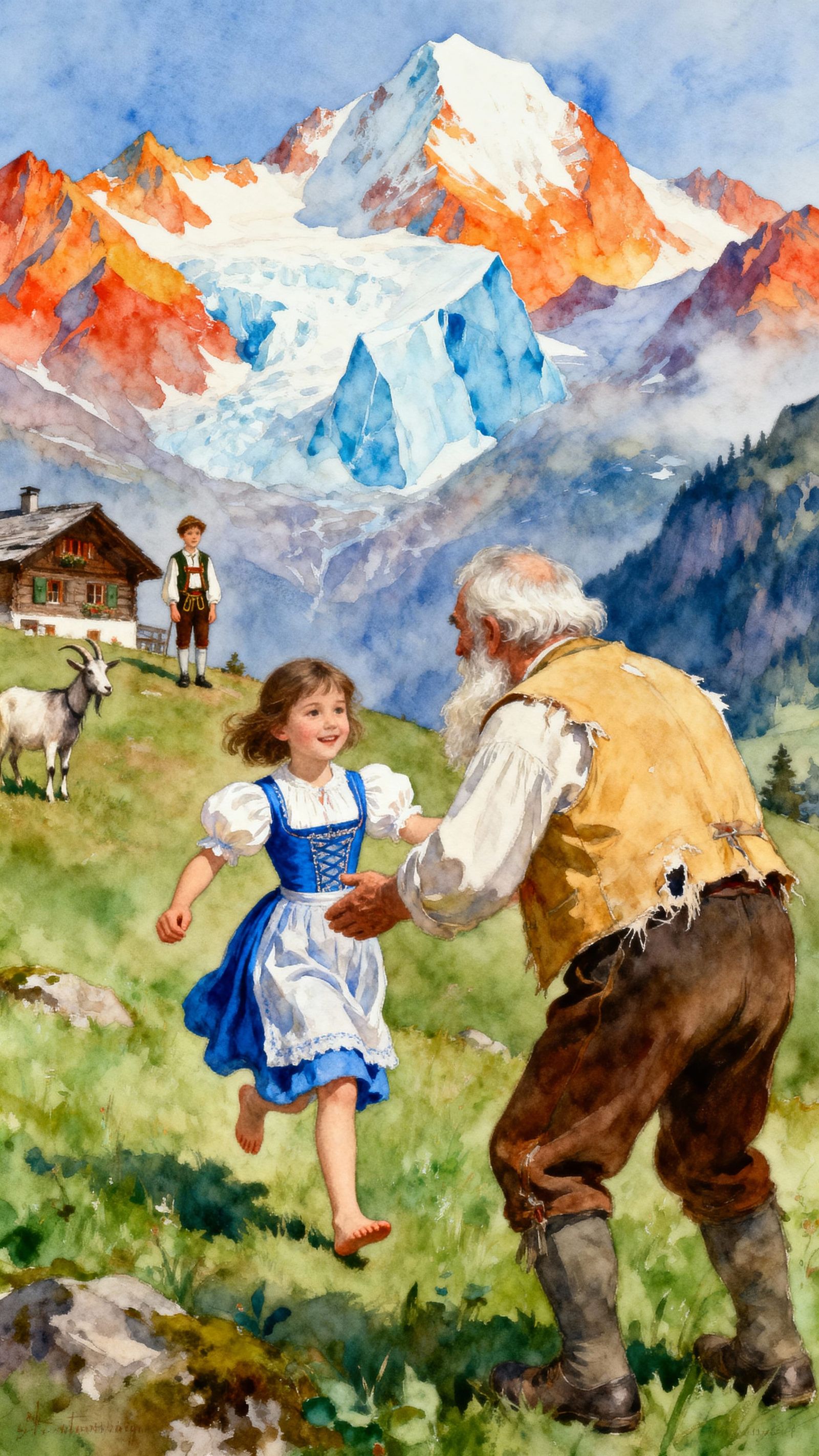 Surreal Watercolor Heidi Runs to Grandfather in Alps