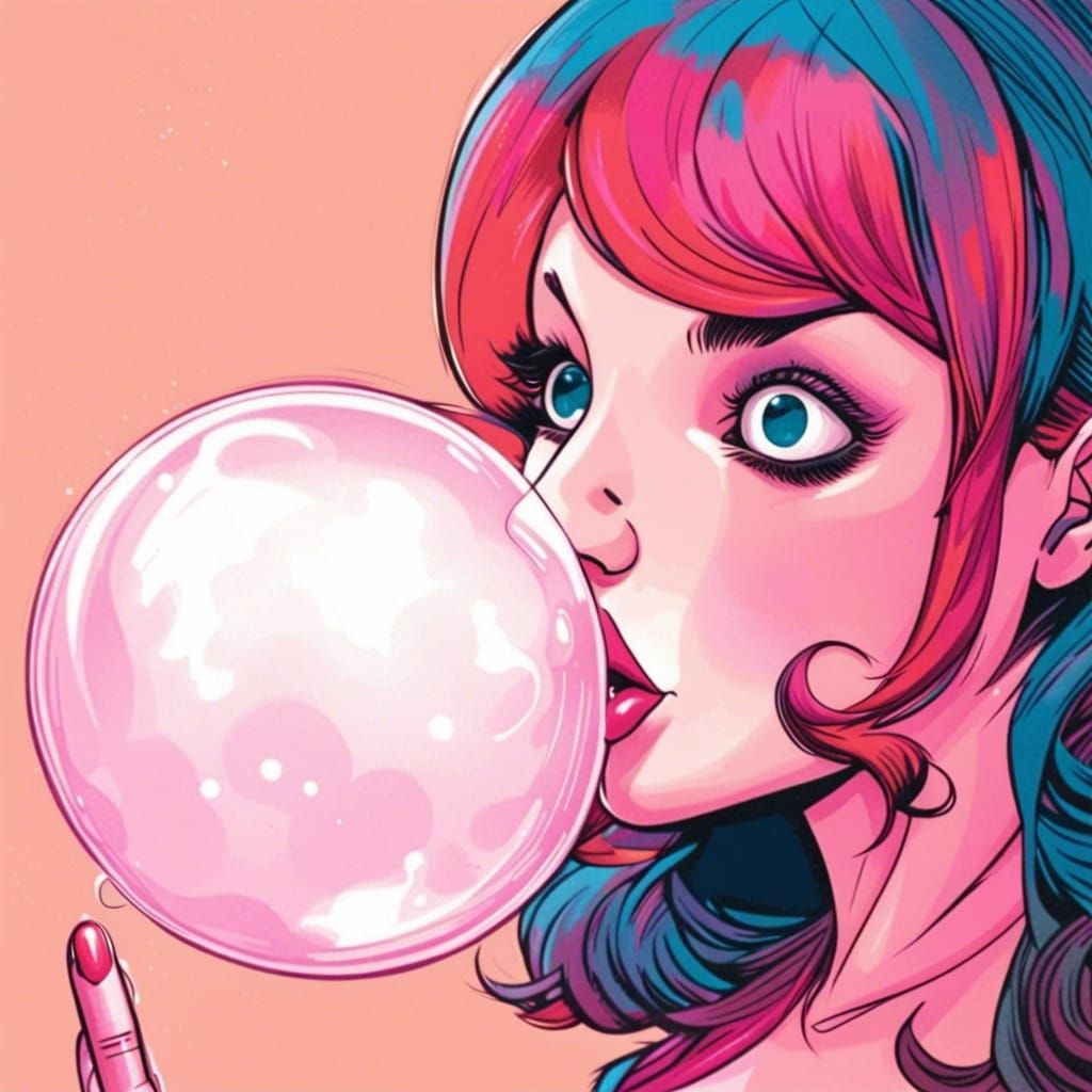 Girl Blowing Bubblegum in Comic Book Style