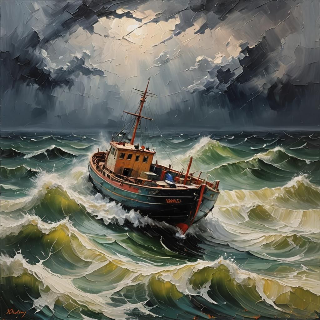 Small Boat in Gigantic Storm, Impasto Painting