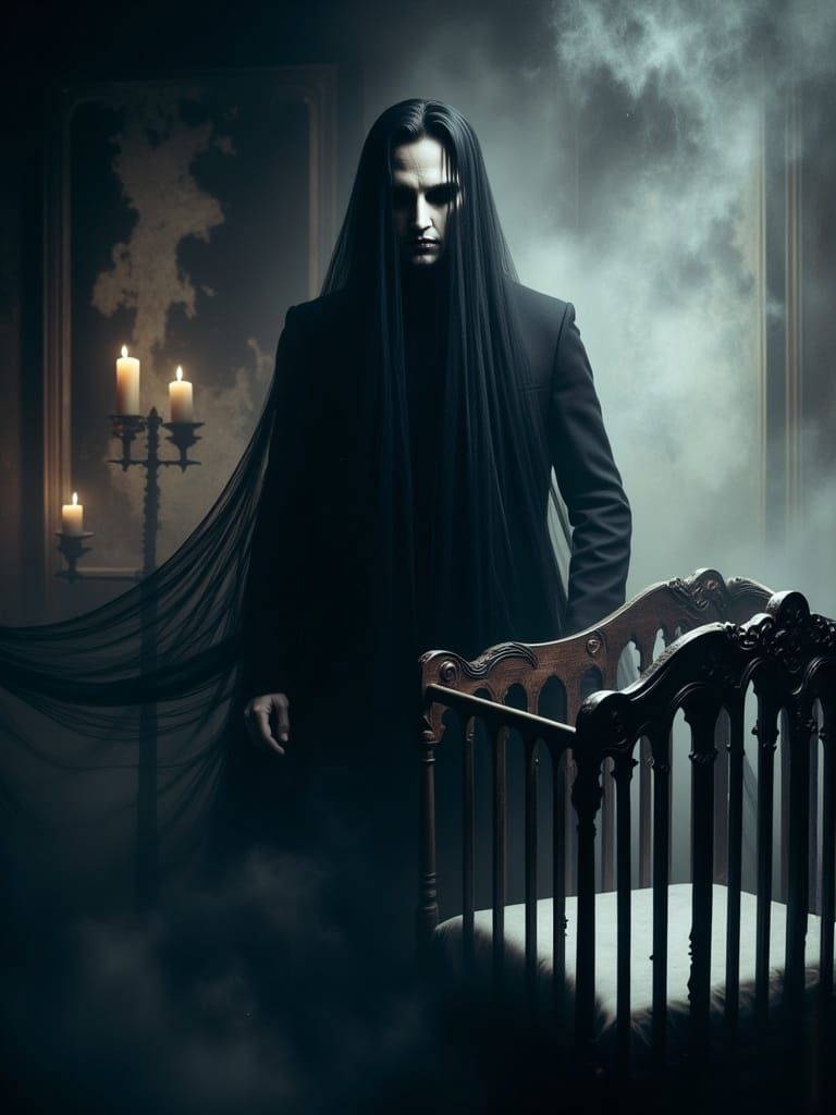 Ethereal Gothic Figure Beside Baby Crib in Mysterious, Dimly...