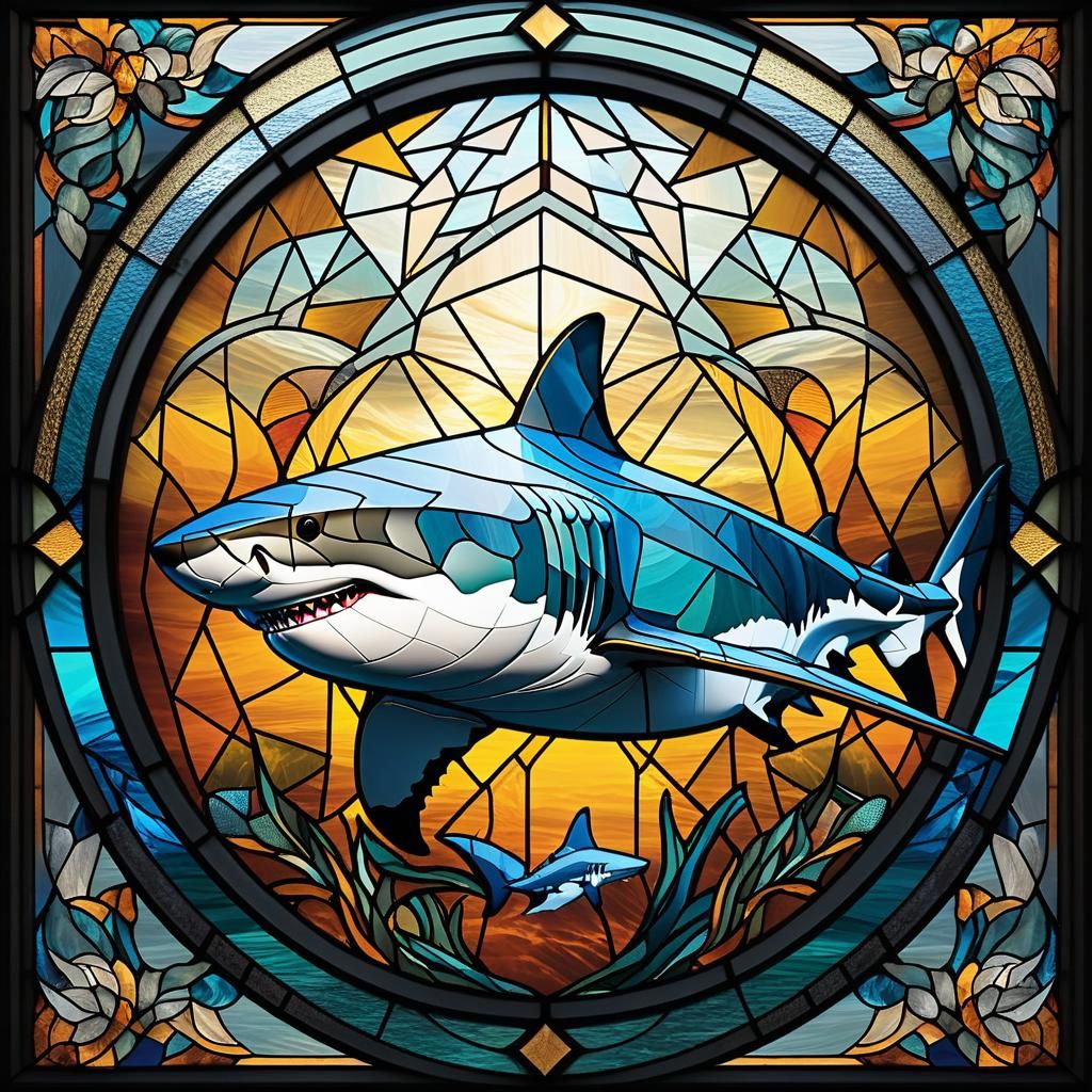 Stained Glass Great White Shark Geometric Design