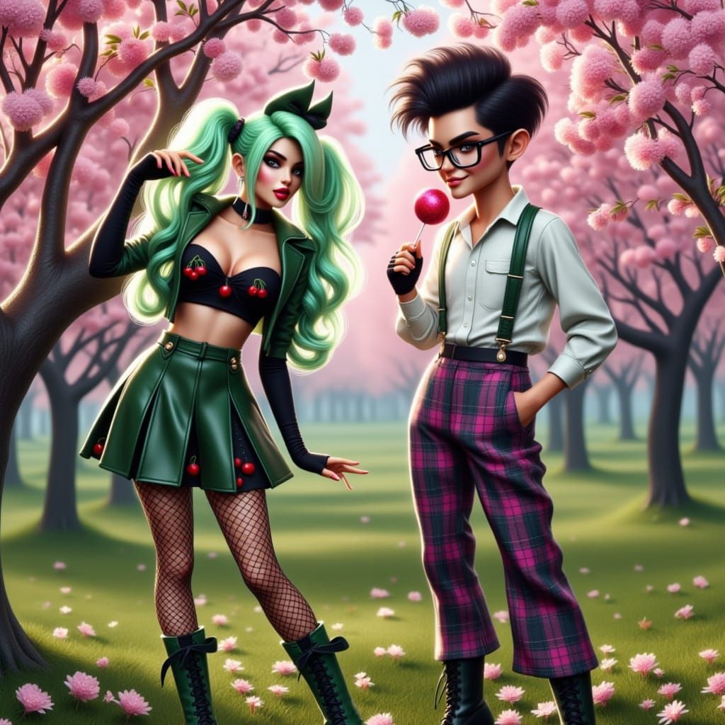 Punk Woman and Nerdy Guy in Cherry Blossom Field