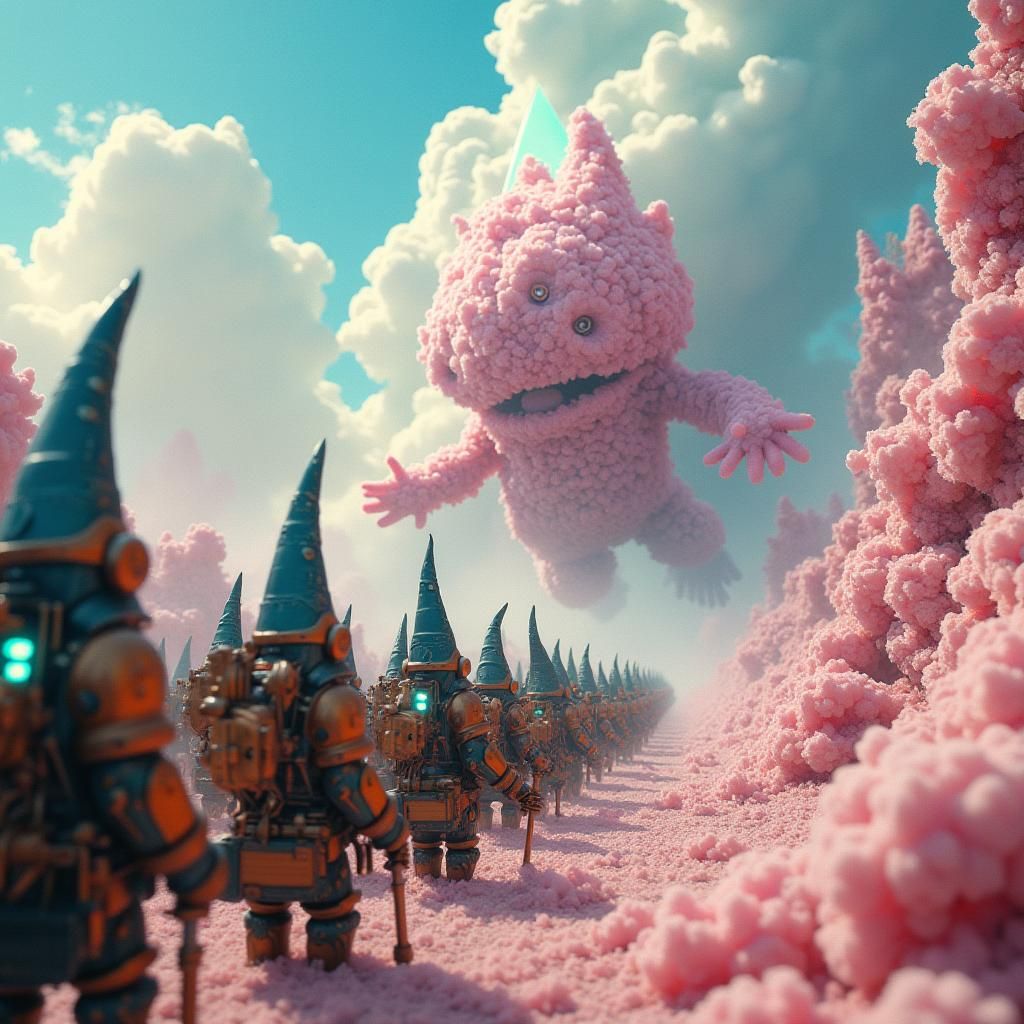 Gnome Legion vs Cotton Candy Monster in Surreal Style