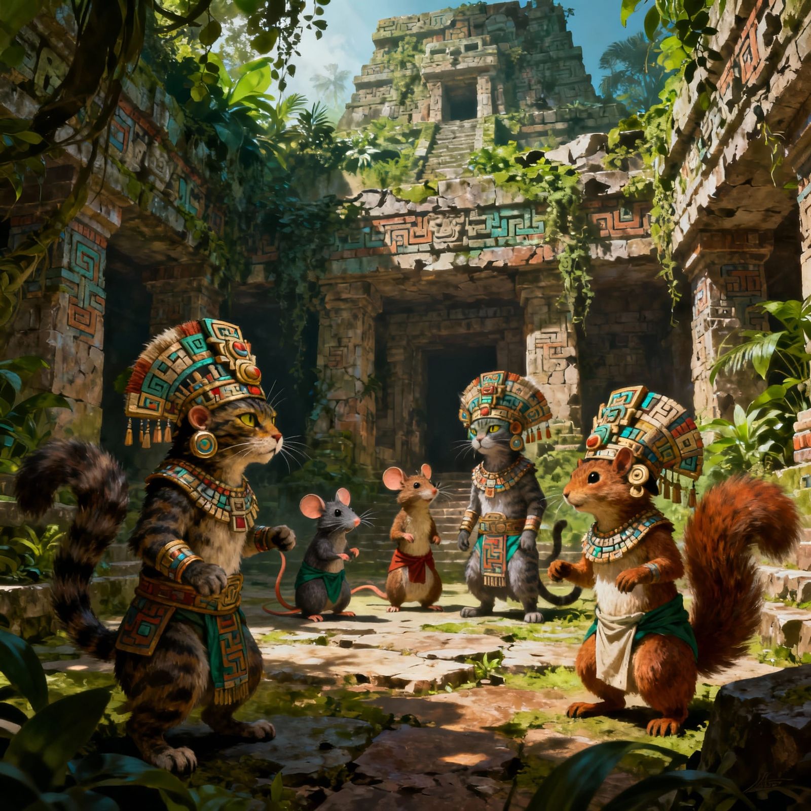 Mayan Mythological Cat-Mouse-Squirrel Hybrids in Temple Cour...