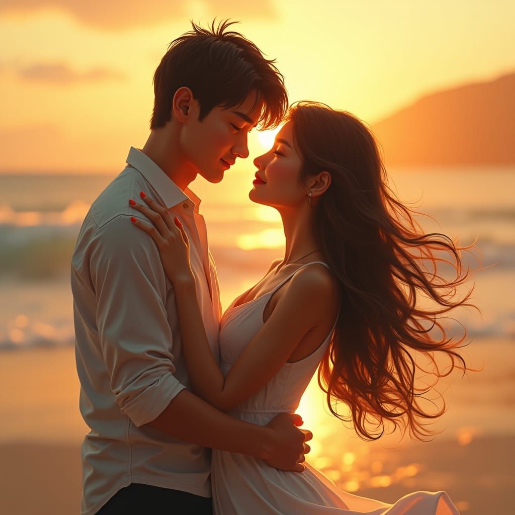 Romantic Sunset Embrace on Misty Beach
