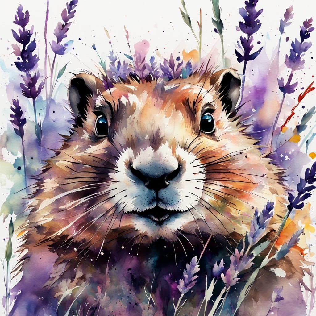 Groundhog in Lavender: Expressive Watercolour Portrait