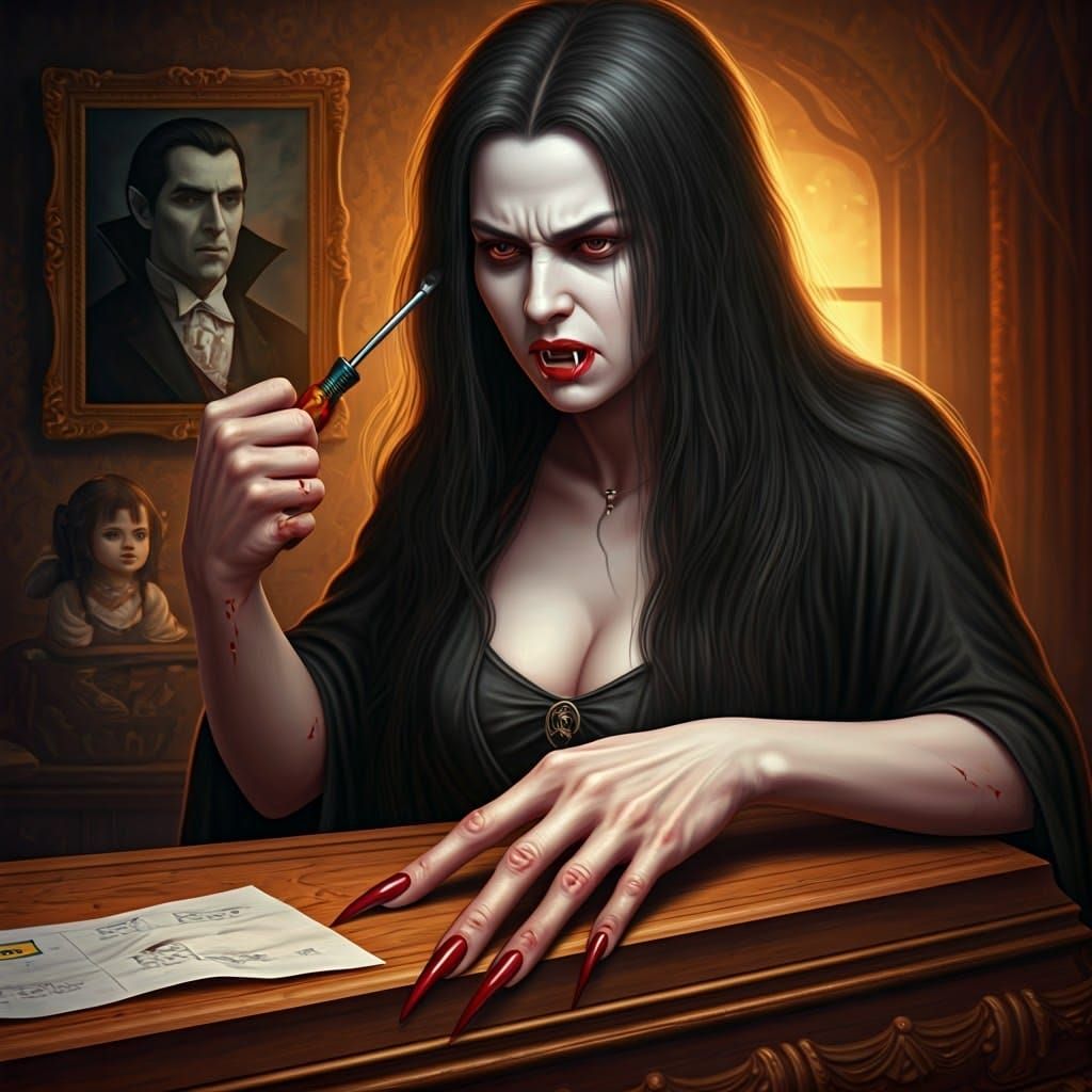 Frustrated Vampire Crafts Ornate Coffin with a Dash of Gothi...